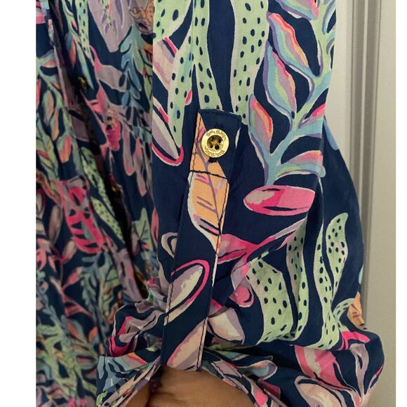 Lilly Pulitzer Tropical Print Shirt Dress – Size L – Gold Buttons - Picture 4 of 8